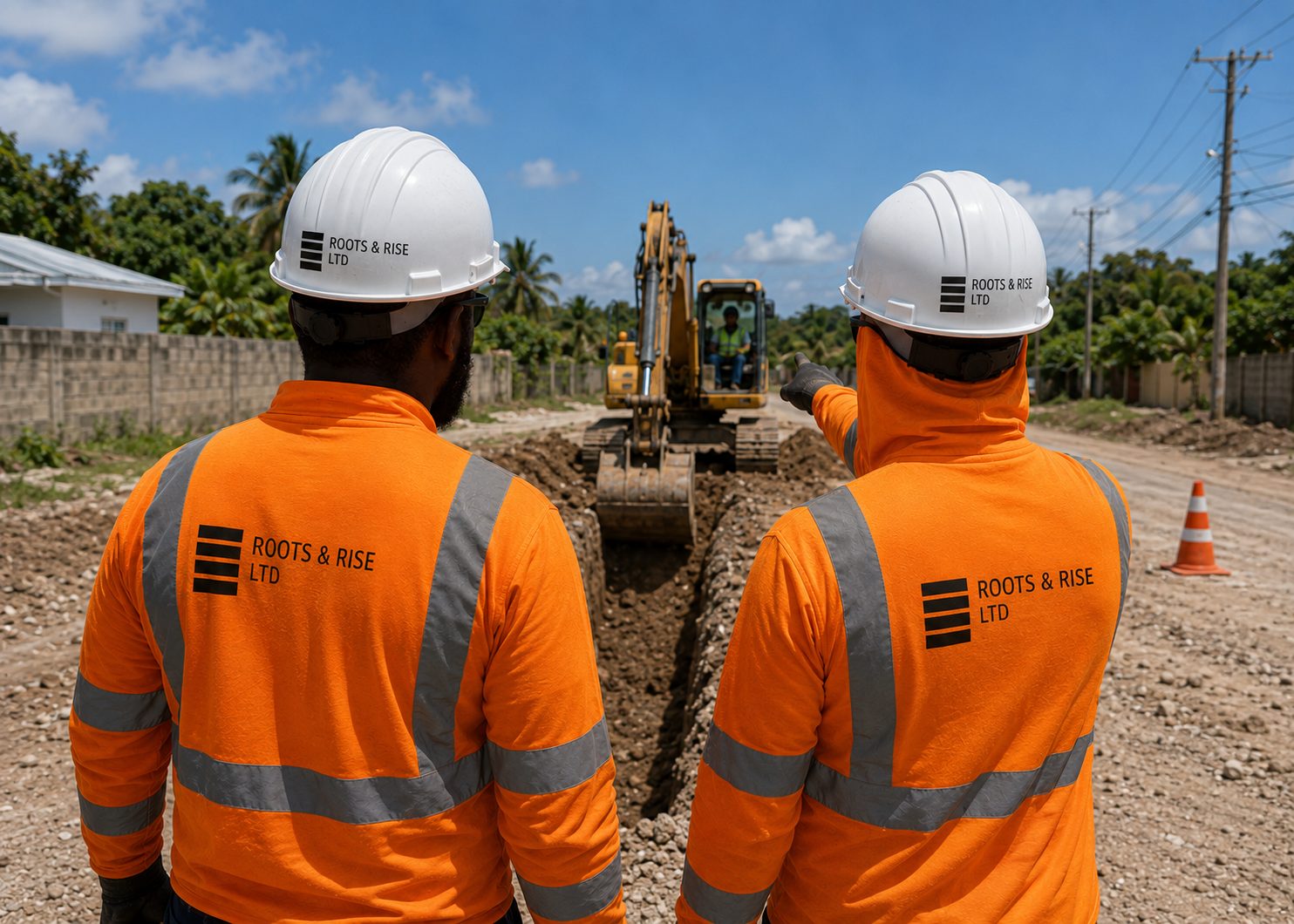 Roots and Rise field team in branded hi-vis and hard hats overlooking an active infrastructure trench, with an excavator in the background