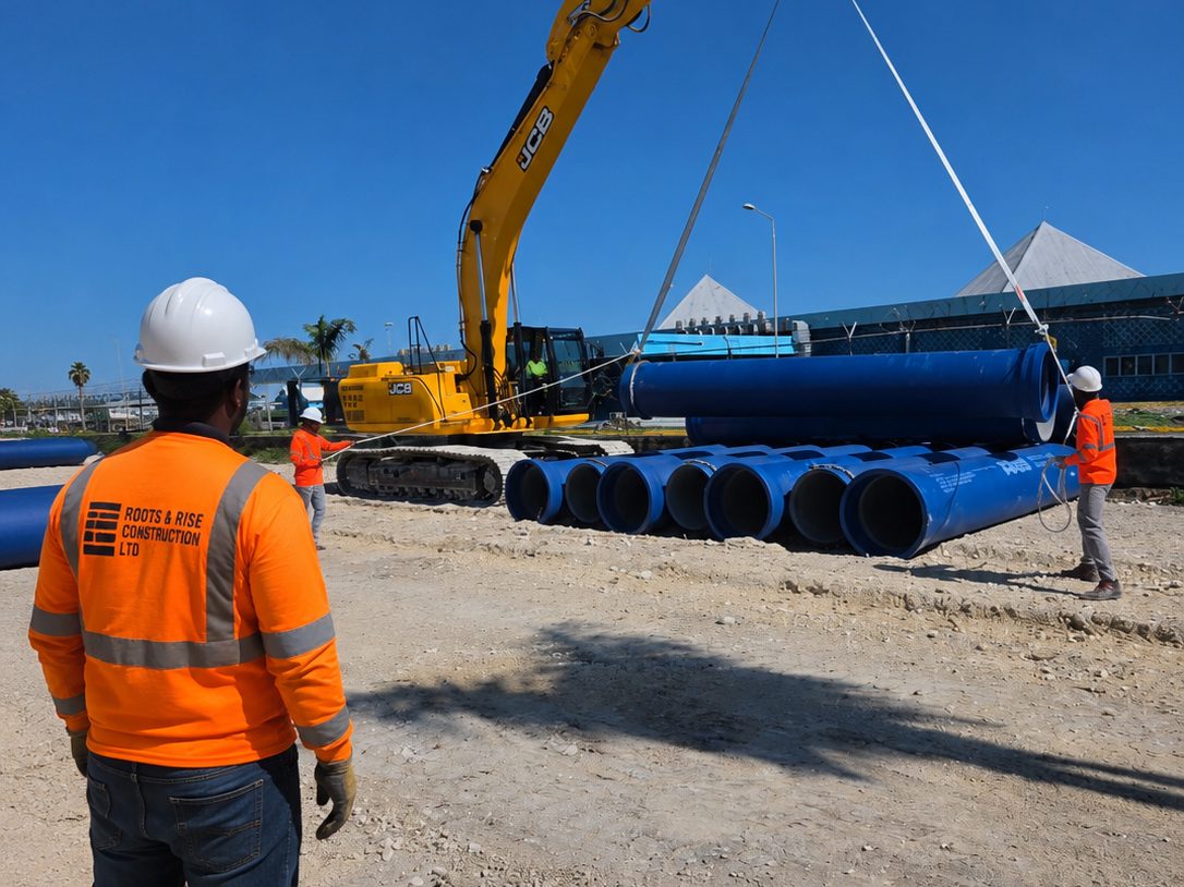 Roots & Rise supervisor overseeing pipe lifting and placement on site